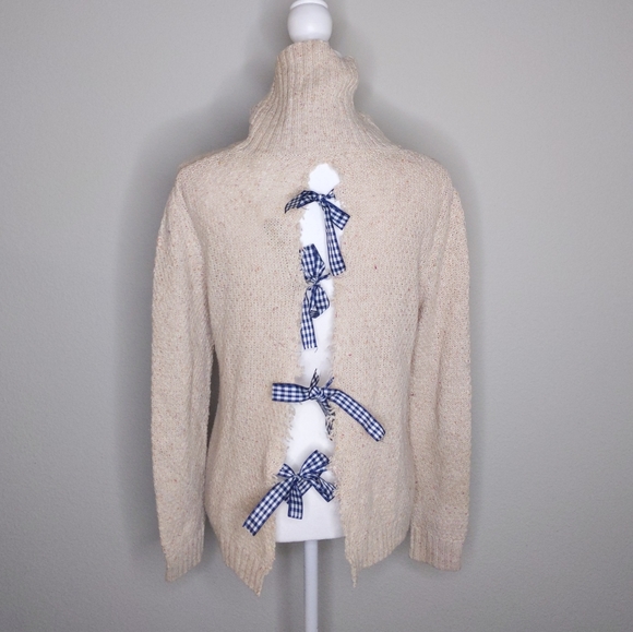 TULLE Custom DIY Open Back Tartan Ribbon Bow Turtleneck Sweater Unique - Picture 3 of 7